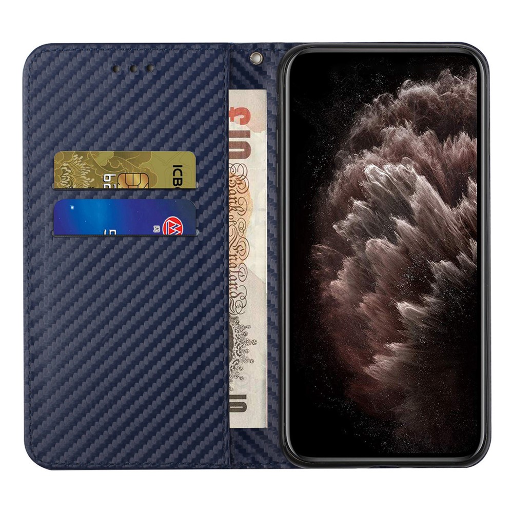 Wallet Design Carbon Fiber Texture Stand Auto-absorbed Leather Case Cover with Hand Strap for Samsung Galaxy S20 FE 4G/5G - Blue-4