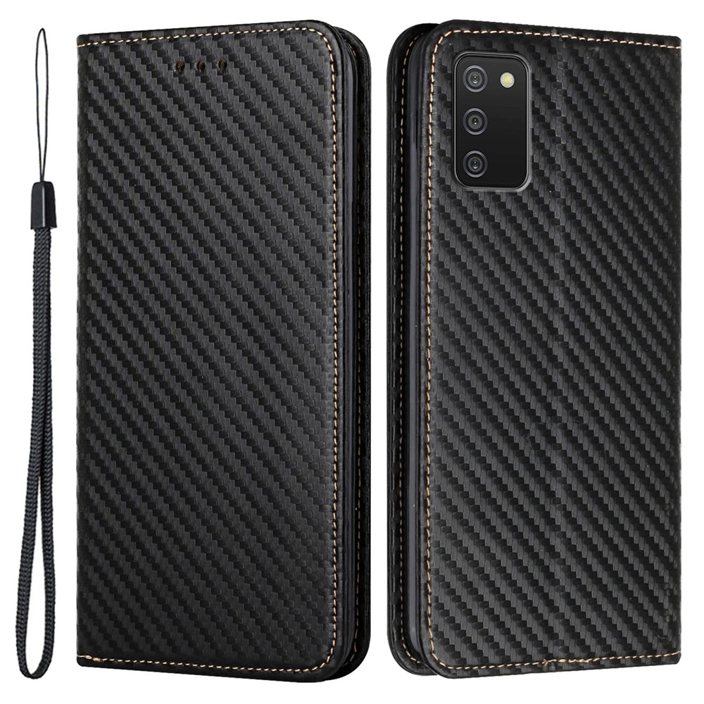 Flip Design Auto-absorbed Carbon Fiber Texture Stand Wallet PU Leather Case Cover with Hand Strap for Samsung Galaxy A03s (164.2 x 75.9 x 9.1mm) - Black-1