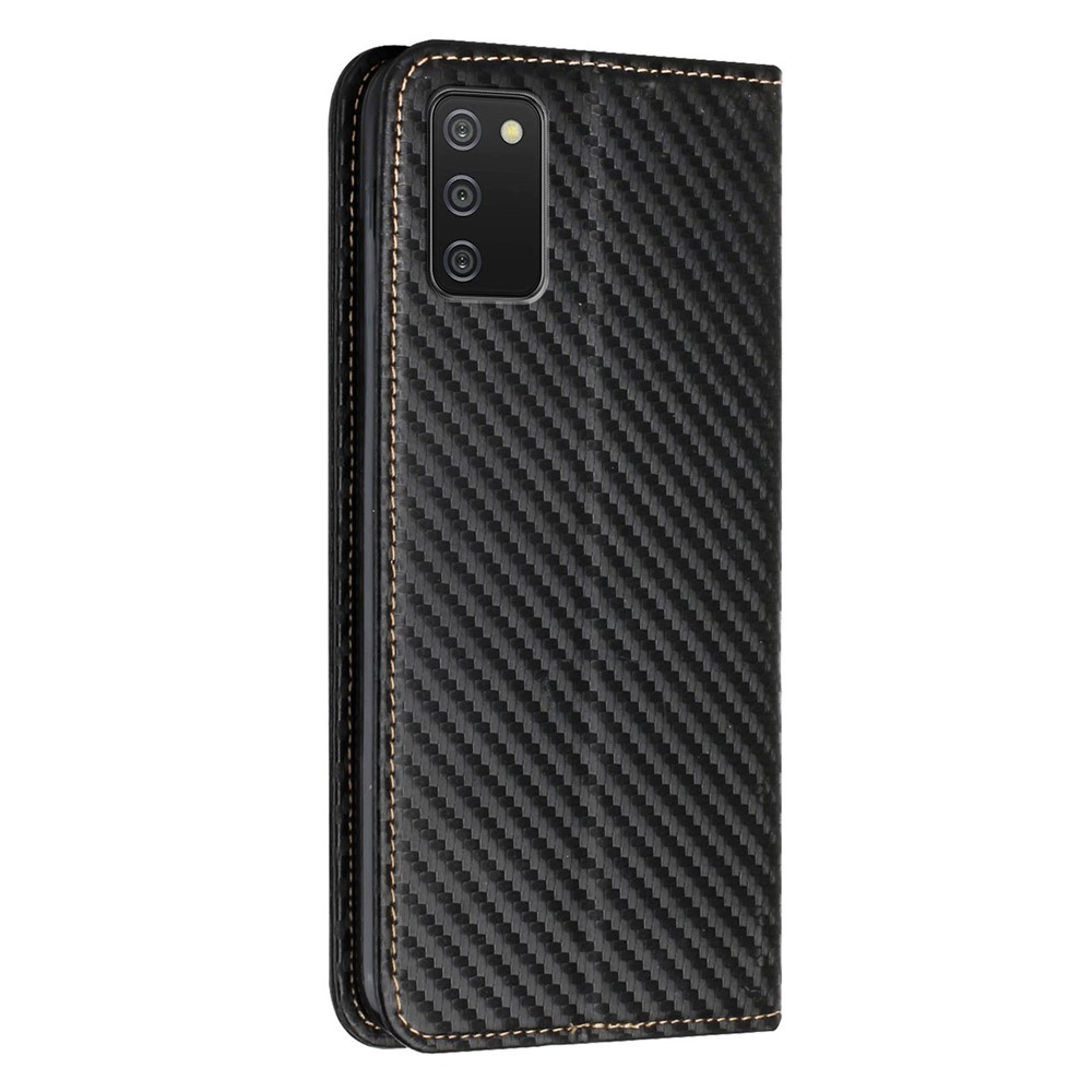 Flip Design Auto-absorbed Carbon Fiber Texture Stand Wallet PU Leather Case Cover with Hand Strap for Samsung Galaxy A03s (164.2 x 75.9 x 9.1mm) - Black-3