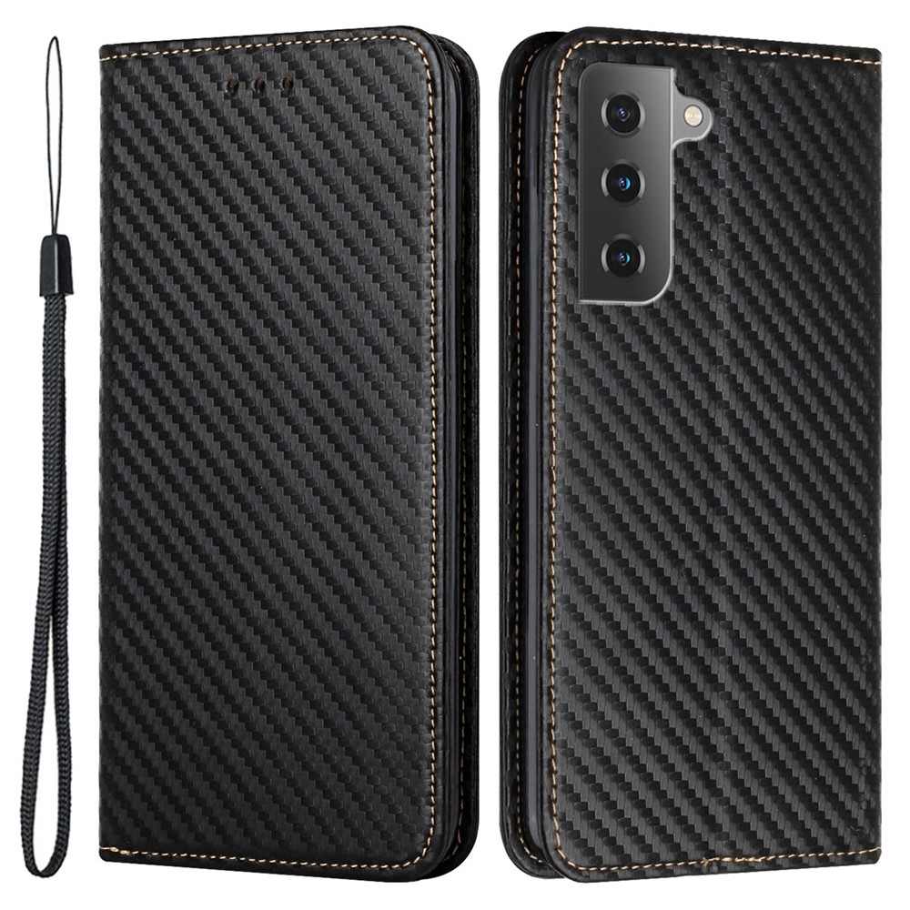 For Samsung Galaxy S22 Carbon Fiber Texture Stand Wallet Design Auto-absorbed Leather Case Cover with Hand Strap - Black-1