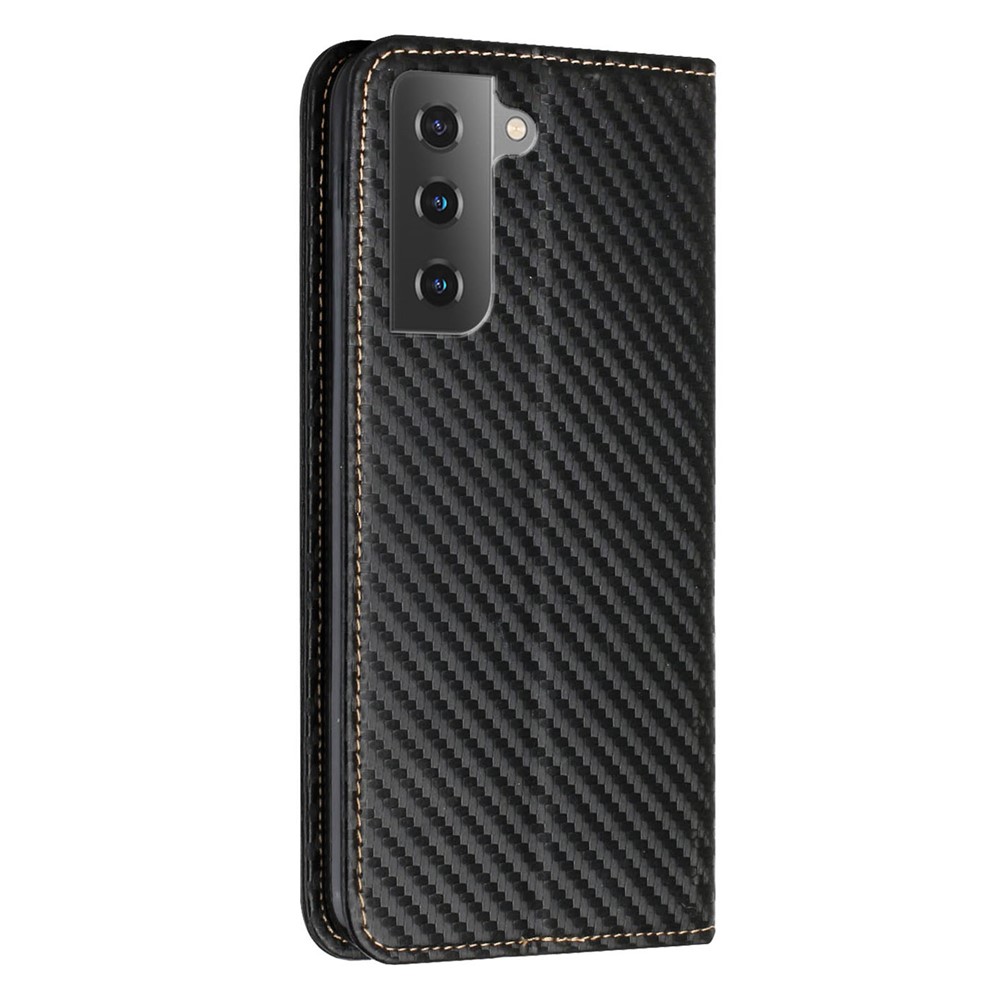 For Samsung Galaxy S22 Carbon Fiber Texture Stand Wallet Design Auto-absorbed Leather Case Cover with Hand Strap - Black-3