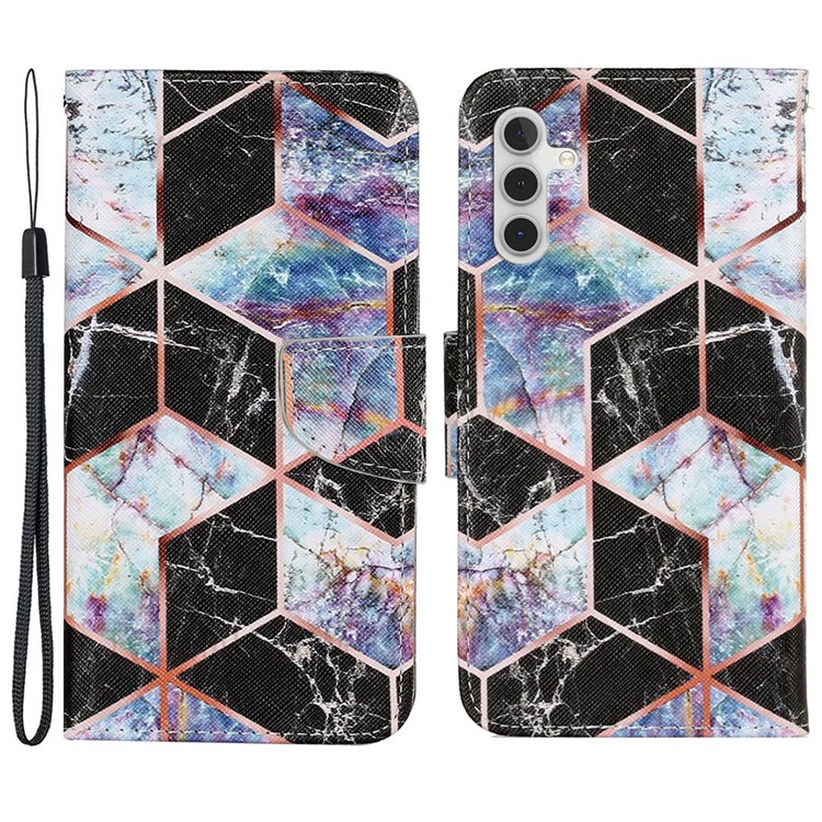 Pattern Printing Cross Texture PU Leather Phone Case Wallet Stand Protective Cover with Strap for Samsung Galaxy A13 5G - Black Marble-1