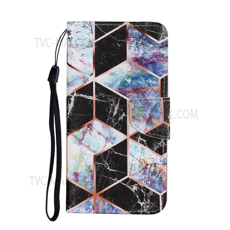 Pattern Printing Cross Texture PU Leather Phone Case Wallet Stand Protective Cover with Strap for Samsung Galaxy A13 5G - Black Marble-2