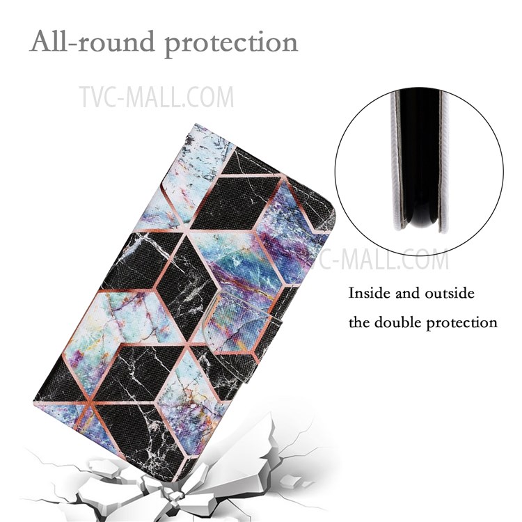 Pattern Printing Cross Texture PU Leather Phone Case Wallet Stand Protective Cover with Strap for Samsung Galaxy A13 5G - Black Marble-7