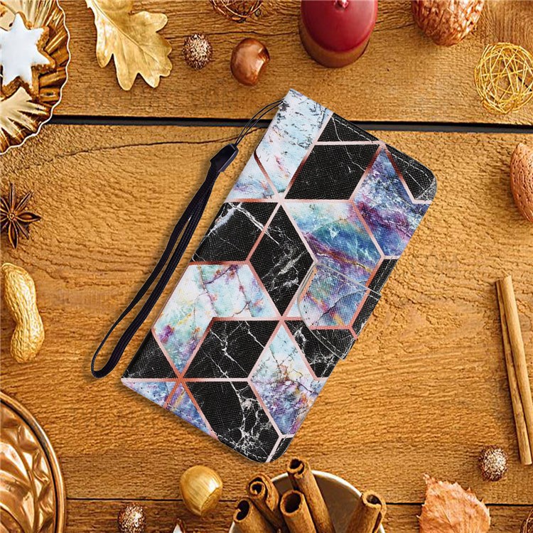 Pattern Printing Cross Texture PU Leather Phone Case Wallet Stand Protective Cover with Strap for Samsung Galaxy A13 5G - Black Marble-8
