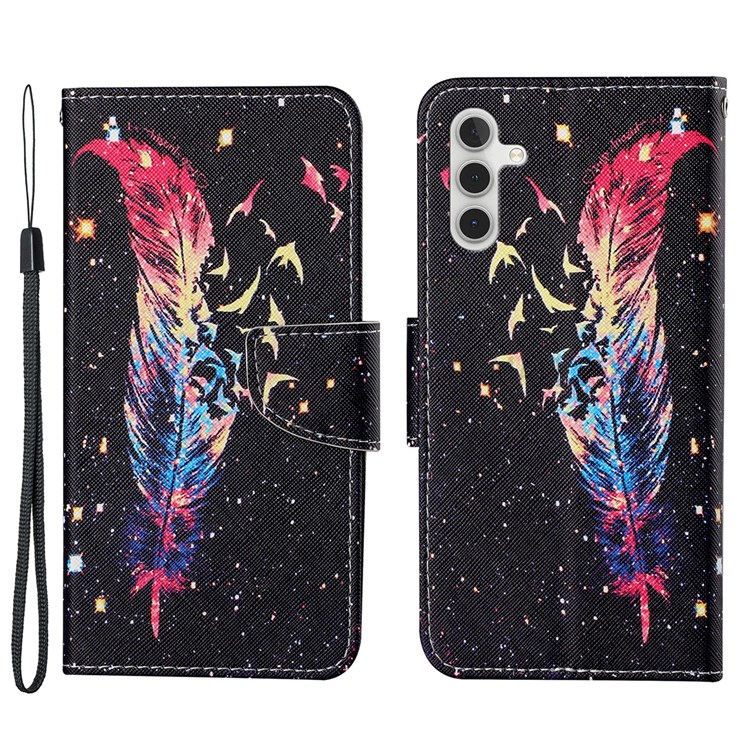 Cross Texture Scratch-resistant Stylish Pattern Printing PU Leather Phone Case Cover with Stand Wallet for Samsung Galaxy A13 5G - Feather-1