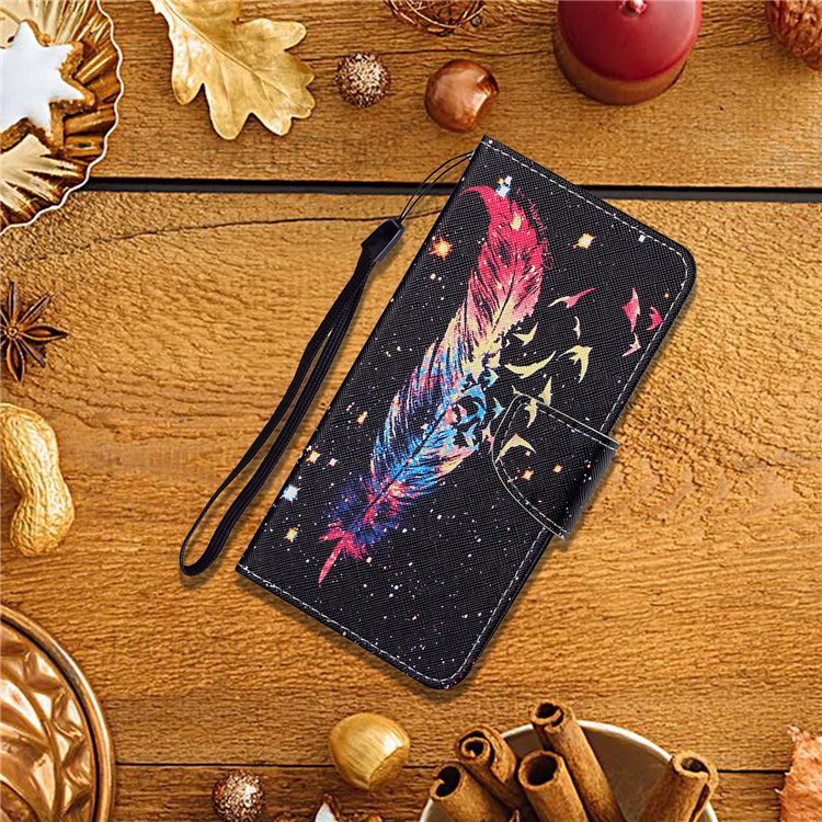 Cross Texture Scratch-resistant Stylish Pattern Printing PU Leather Phone Case Cover with Stand Wallet for Samsung Galaxy A13 5G - Feather-8