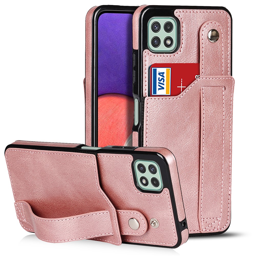 For Samsung Galaxy A22 5G (EU Version) RFID Blocking Function Anti-fall Hand Strap Kickstand PU Leather Coated TPU Case with Card Slot - Rose Gold-1