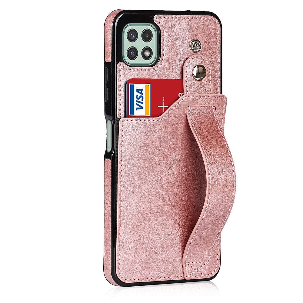 For Samsung Galaxy A22 5G (EU Version) RFID Blocking Function Anti-fall Hand Strap Kickstand PU Leather Coated TPU Case with Card Slot - Rose Gold-3