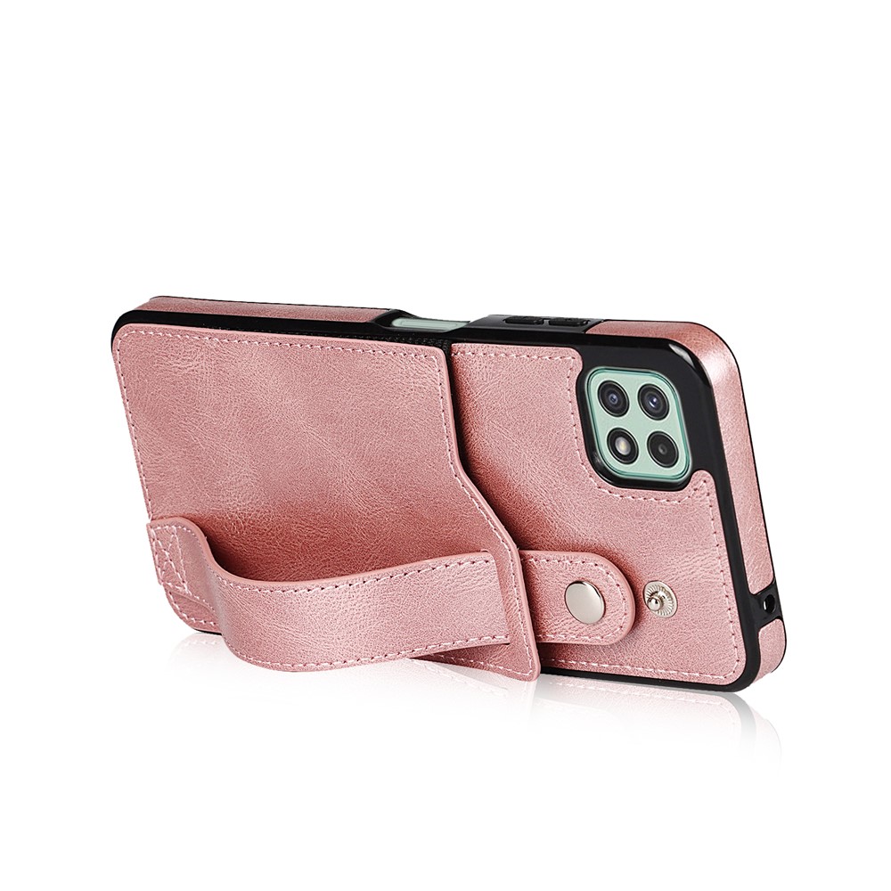 For Samsung Galaxy A22 5G (EU Version) RFID Blocking Function Anti-fall Hand Strap Kickstand PU Leather Coated TPU Case with Card Slot - Rose Gold-4