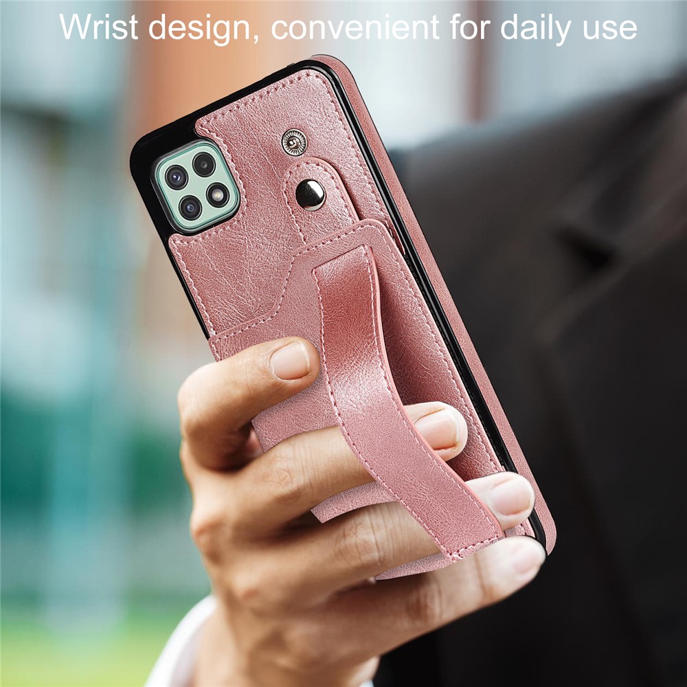 For Samsung Galaxy A22 5G (EU Version) RFID Blocking Function Anti-fall Hand Strap Kickstand PU Leather Coated TPU Case with Card Slot - Rose Gold-6