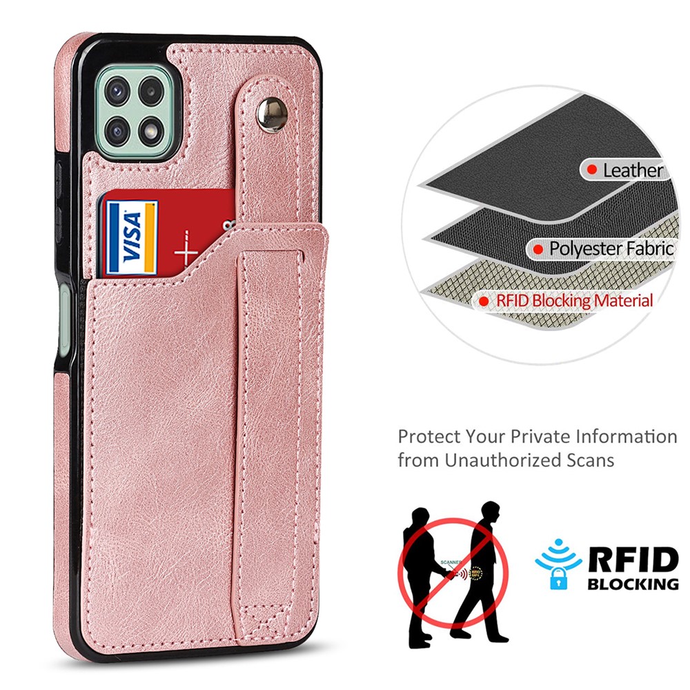 For Samsung Galaxy A22 5G (EU Version) RFID Blocking Function Anti-fall Hand Strap Kickstand PU Leather Coated TPU Case with Card Slot - Rose Gold-9