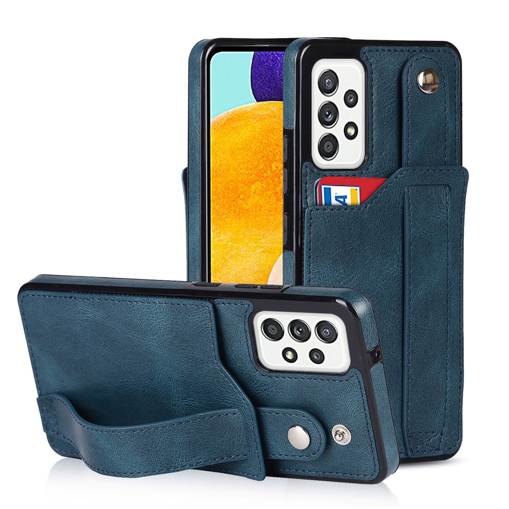 Drop-proof RFID Blocking Function Card Slot Design PU Leather Coated TPU Case Cover with Hand Strap Kickstand for Samsung Galaxy A52 4G/5G/A52s 5G - Sapphire-1