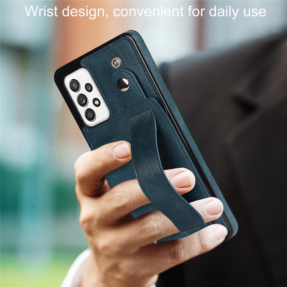 Drop-proof RFID Blocking Function Card Slot Design PU Leather Coated TPU Case Cover with Hand Strap Kickstand for Samsung Galaxy A52 4G/5G/A52s 5G - Sapphire-6