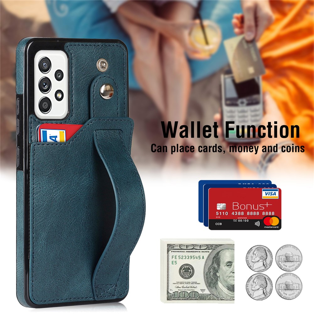 Drop-proof RFID Blocking Function Card Slot Design PU Leather Coated TPU Case Cover with Hand Strap Kickstand for Samsung Galaxy A52 4G/5G/A52s 5G - Sapphire-7