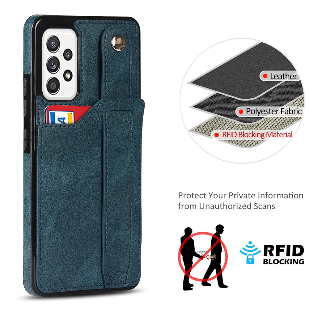 Drop-proof RFID Blocking Function Card Slot Design PU Leather Coated TPU Case Cover with Hand Strap Kickstand for Samsung Galaxy A52 4G/5G/A52s 5G - Sapphire-9