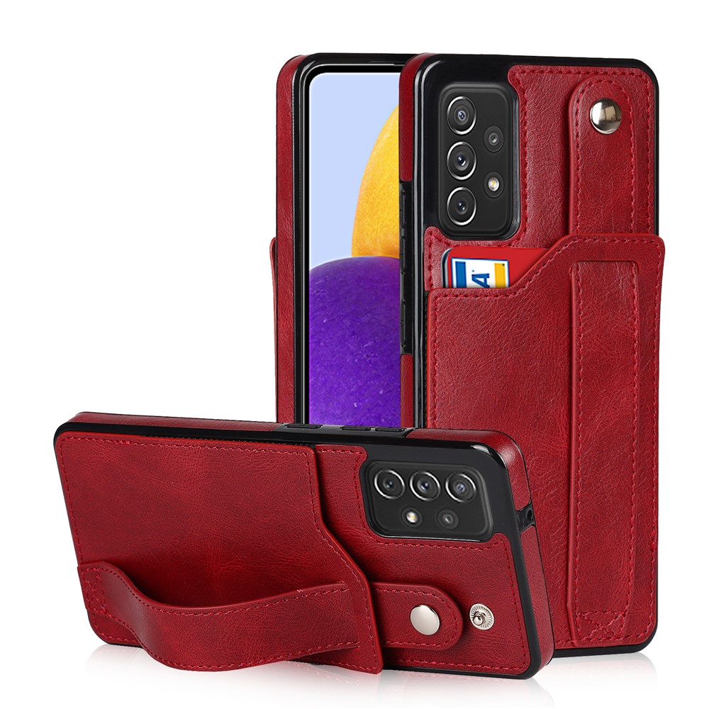 All-round Protection RFID Blocking Function Card Slot Design PU Leather Coated TPU Case Cover with Hand Strap Kickstand for Samsung Galaxy A72 4G / 5G - Red-1