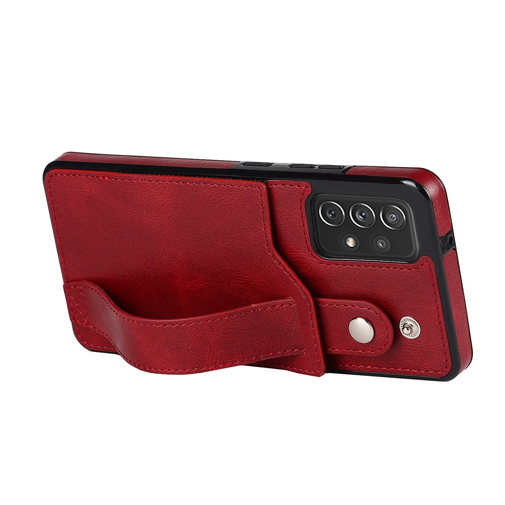 All-round Protection RFID Blocking Function Card Slot Design PU Leather Coated TPU Case Cover with Hand Strap Kickstand for Samsung Galaxy A72 4G / 5G - Red-4
