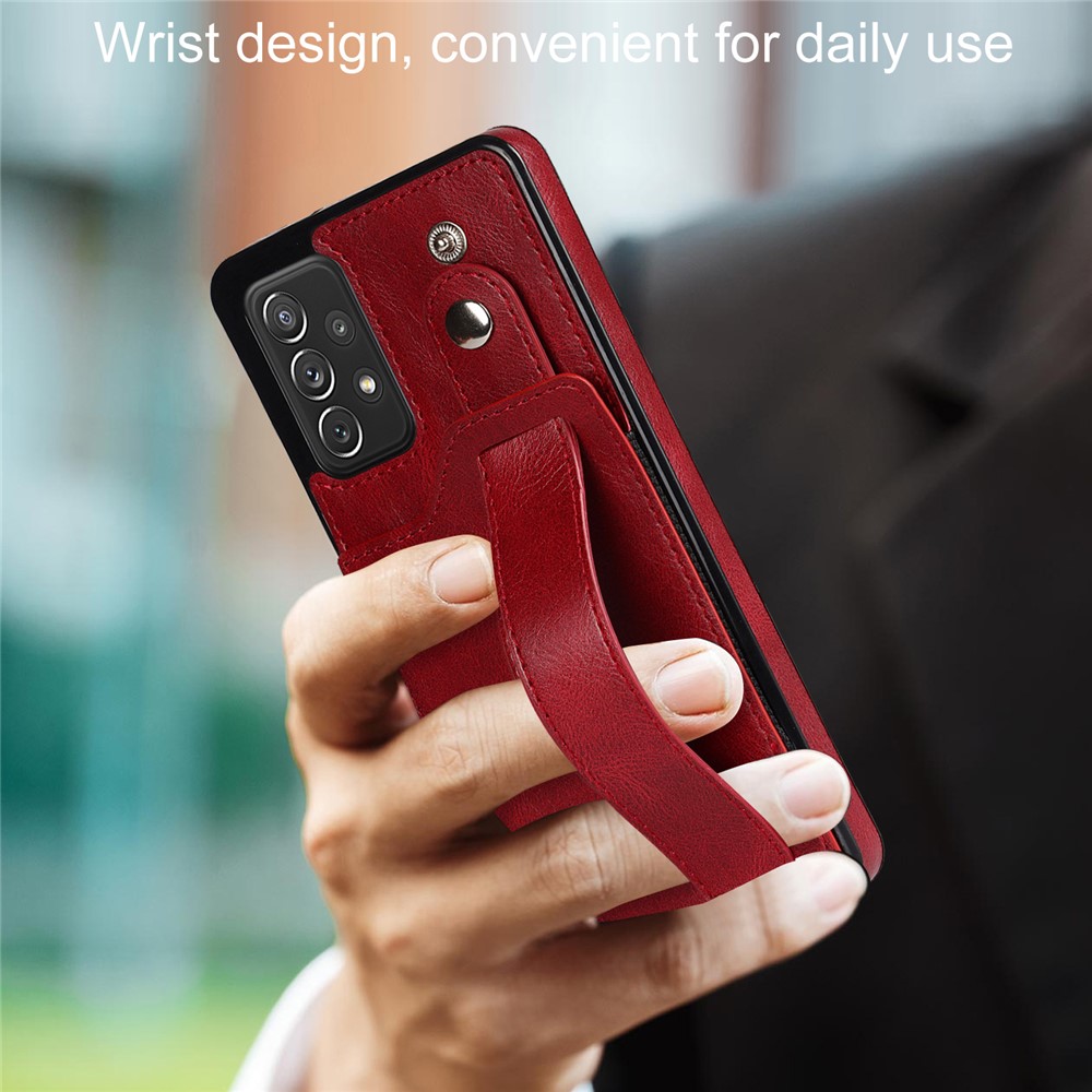 All-round Protection RFID Blocking Function Card Slot Design PU Leather Coated TPU Case Cover with Hand Strap Kickstand for Samsung Galaxy A72 4G / 5G - Red-6