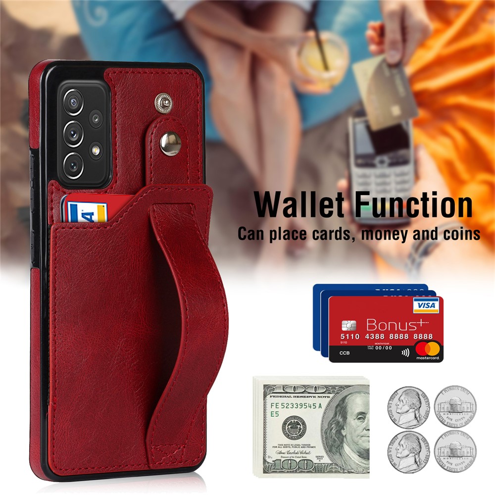All-round Protection RFID Blocking Function Card Slot Design PU Leather Coated TPU Case Cover with Hand Strap Kickstand for Samsung Galaxy A72 4G / 5G - Red-7
