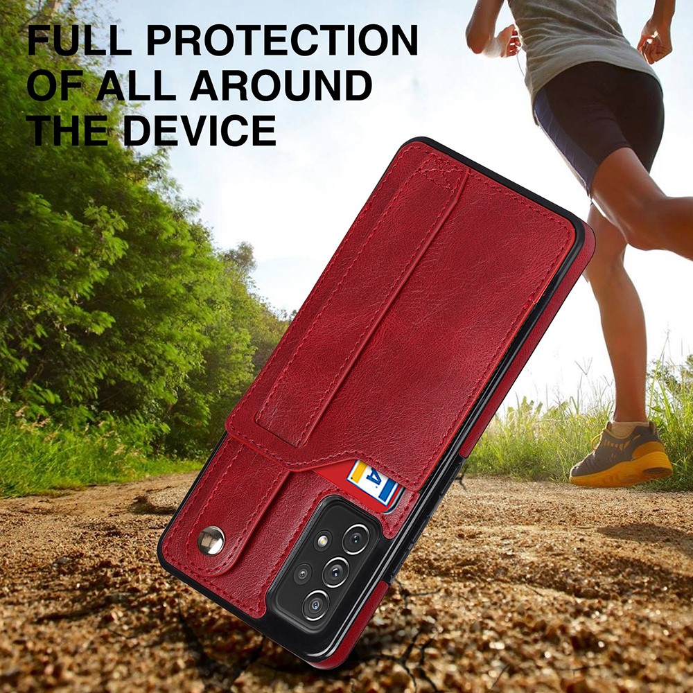 All-round Protection RFID Blocking Function Card Slot Design PU Leather Coated TPU Case Cover with Hand Strap Kickstand for Samsung Galaxy A72 4G / 5G - Red-8