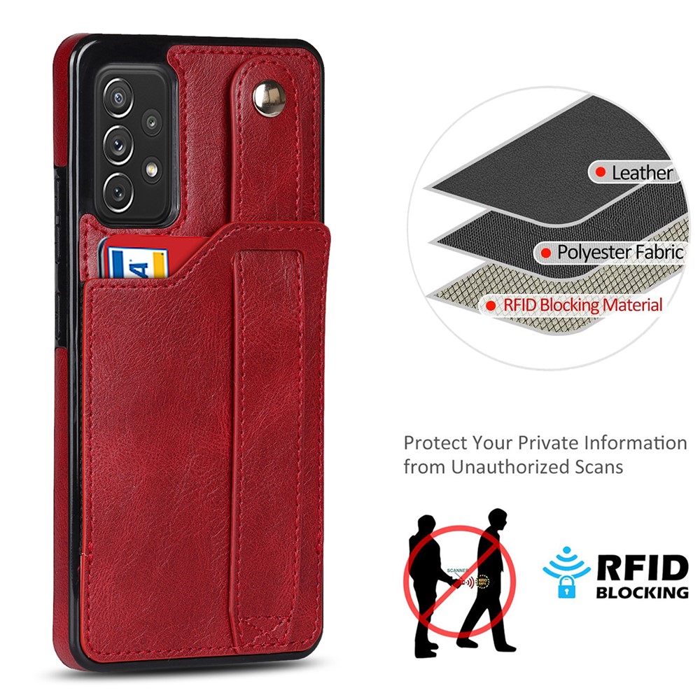 All-round Protection RFID Blocking Function Card Slot Design PU Leather Coated TPU Case Cover with Hand Strap Kickstand for Samsung Galaxy A72 4G / 5G - Red-9