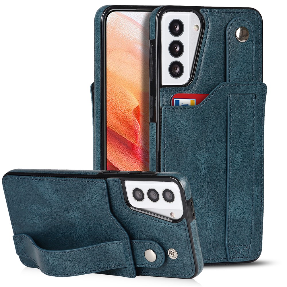 RFID Blocking Function PU Leather Coated TPU Case Cover with Card Slot and Hand Strap Kickstand for Samsung Galaxy S21 5G - Sapphire-1