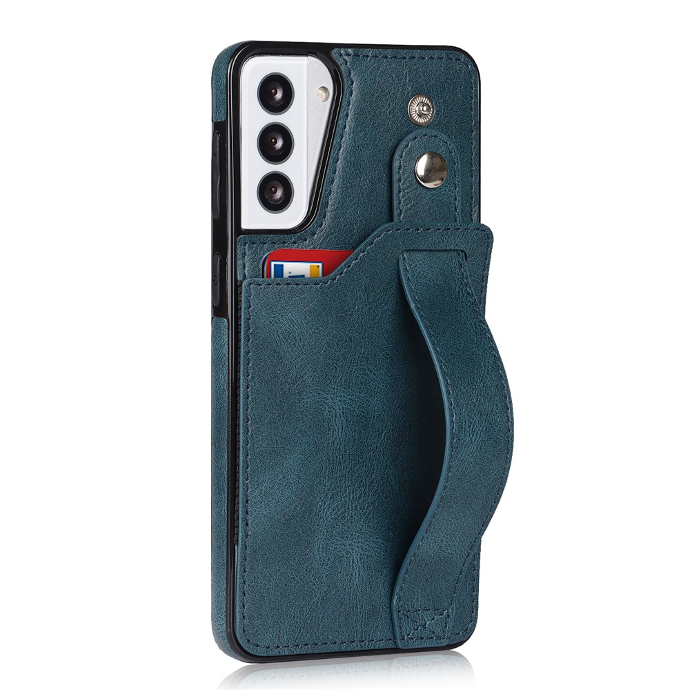 RFID Blocking Function PU Leather Coated TPU Case Cover with Card Slot and Hand Strap Kickstand for Samsung Galaxy S21 5G - Sapphire-3