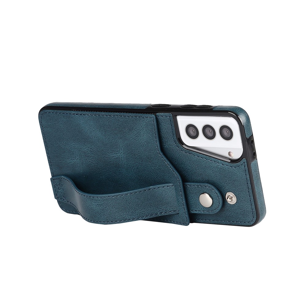 RFID Blocking Function PU Leather Coated TPU Case Cover with Card Slot and Hand Strap Kickstand for Samsung Galaxy S21 5G - Sapphire-4