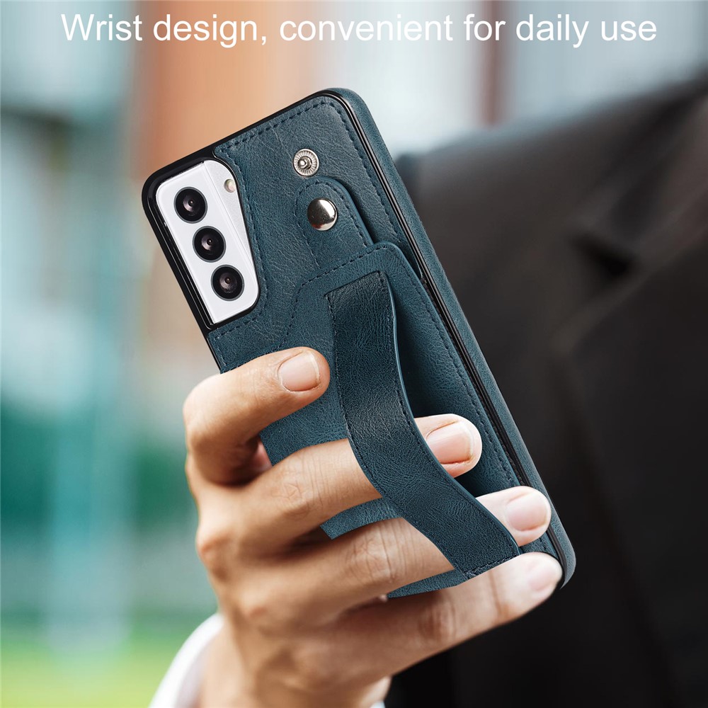 RFID Blocking Function PU Leather Coated TPU Case Cover with Card Slot and Hand Strap Kickstand for Samsung Galaxy S21 5G - Sapphire-6