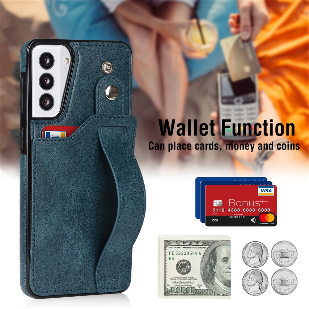 RFID Blocking Function PU Leather Coated TPU Case Cover with Card Slot and Hand Strap Kickstand for Samsung Galaxy S21 5G - Sapphire-7