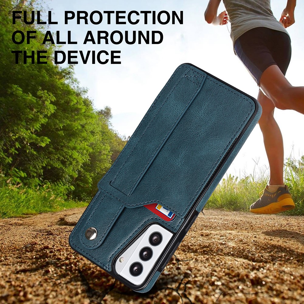 RFID Blocking Function PU Leather Coated TPU Case Cover with Card Slot and Hand Strap Kickstand for Samsung Galaxy S21 5G - Sapphire-8