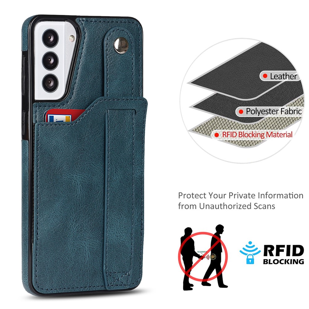 RFID Blocking Function PU Leather Coated TPU Case Cover with Card Slot and Hand Strap Kickstand for Samsung Galaxy S21 5G - Sapphire-9