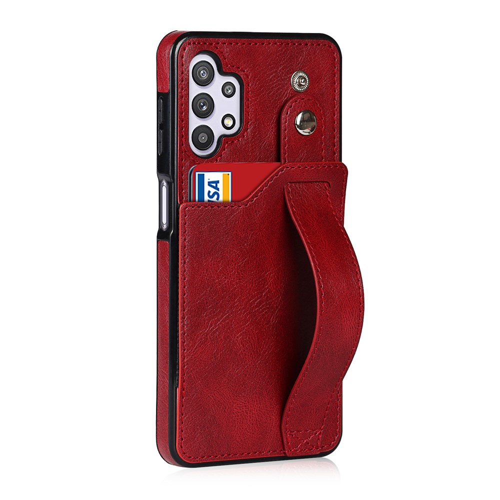 Tampa de Estojo TPU Revestida Com Couro PU Anti-fall RFID Com Slot Para Cartas e Kickstand de Correia Para o Samsung Galaxy A32 5G / M32 5G - Vermelho