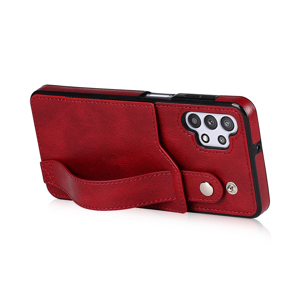 Tampa de Estojo TPU Revestida Com Couro PU Anti-fall RFID Com Slot Para Cartas e Kickstand de Correia Para o Samsung Galaxy A32 5G / M32 5G - Vermelho