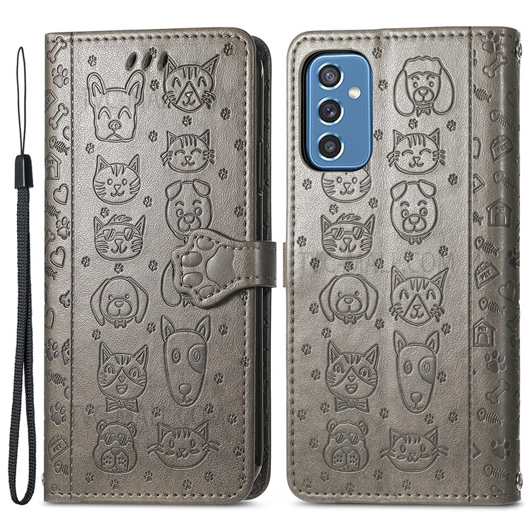 For Samsung Galaxy M52 5G Scratch-resistant Phone Case Stylish Cat Dog Pattern PU Leather Wallet Stand Phone Cover - Grey-1