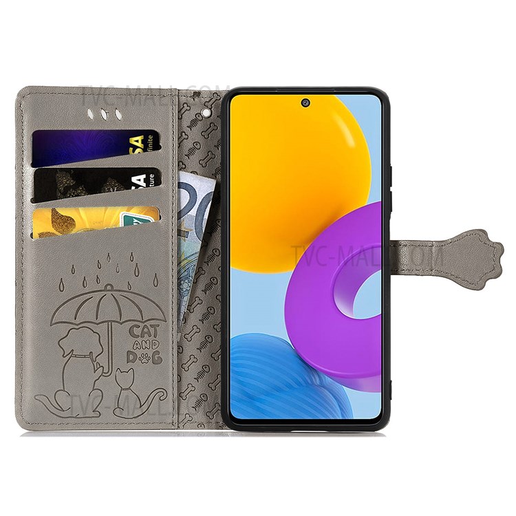 For Samsung Galaxy M52 5G Scratch-resistant Phone Case Stylish Cat Dog Pattern PU Leather Wallet Stand Phone Cover - Grey-6