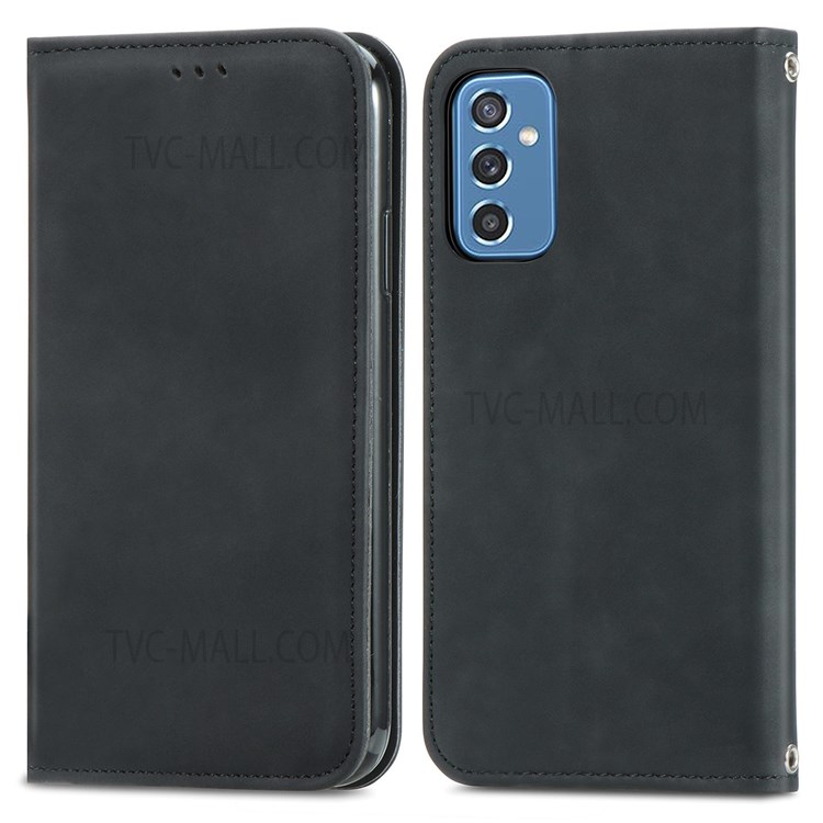 Vintage Texture Skin-Touch Feeling PU Leather Magnet Auto-absorbed Case with Stand and Card Slots for Samsung Galaxy M52 5G - Black-1