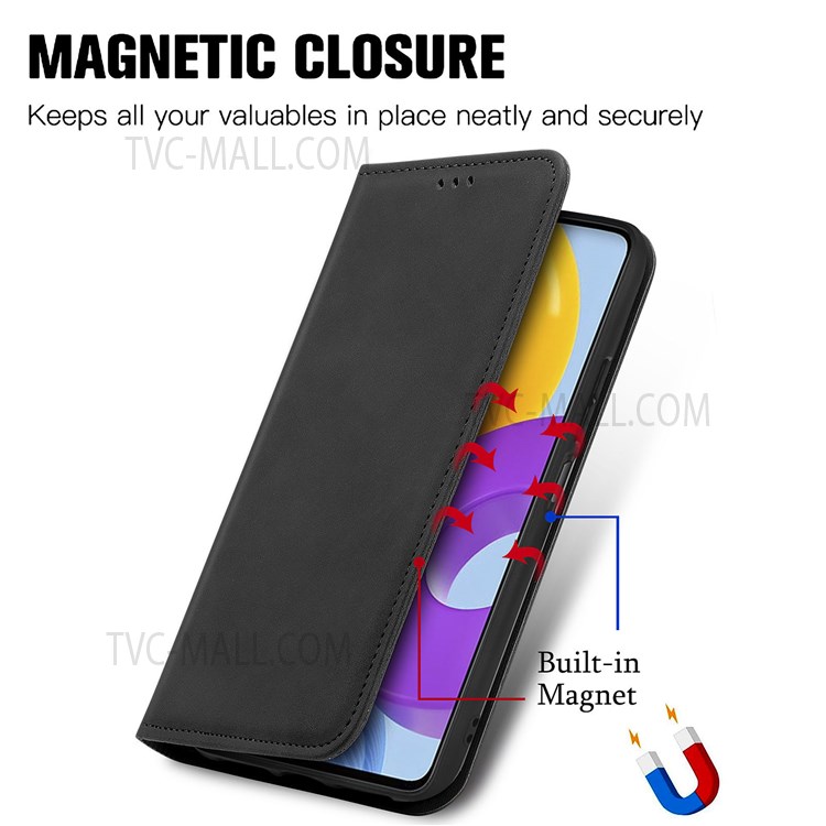 Vintage Texture Skin-Touch Feeling PU Leather Magnet Auto-absorbed Case with Stand and Card Slots for Samsung Galaxy M52 5G - Black-2