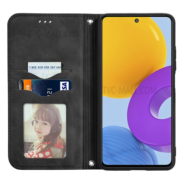 Vintage Texture Skin-Touch Feeling PU Leather Magnet Auto-absorbed Case with Stand and Card Slots for Samsung Galaxy M52 5G - Black-7