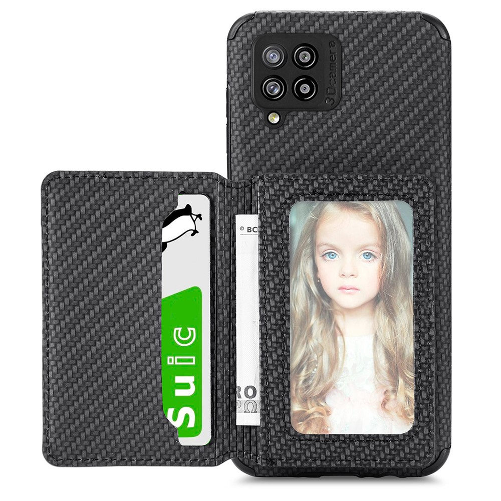 Anti-scratch Phone Case Carbon Fiber Texture Card Holder Design PU Leather and TPU Phone Cover with Kickstand for Samsung Galaxy A42 5G - Black-1