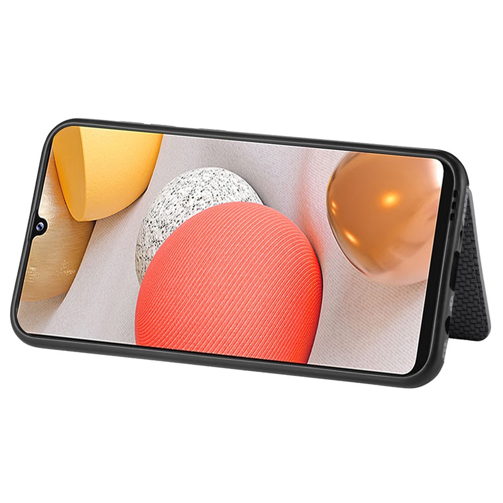 Anti-scratch Phone Case Carbon Fiber Texture Card Holder Design PU Leather and TPU Phone Cover with Kickstand for Samsung Galaxy A42 5G - Black-4