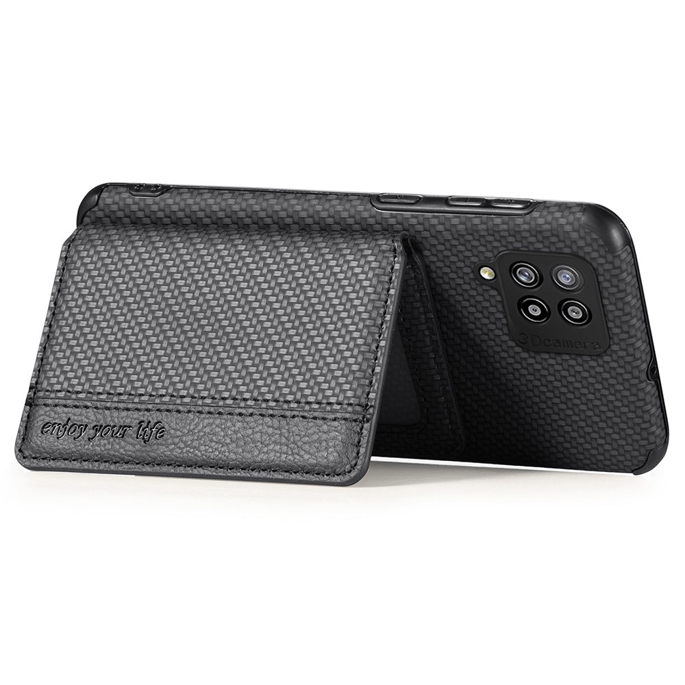 Anti-scratch Phone Case Carbon Fiber Texture Card Holder Design PU Leather and TPU Phone Cover with Kickstand for Samsung Galaxy A42 5G - Black-5