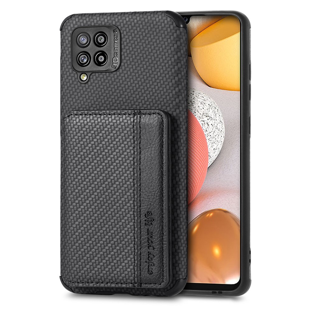 Anti-scratch Phone Case Carbon Fiber Texture Card Holder Design PU Leather and TPU Phone Cover with Kickstand for Samsung Galaxy A42 5G - Black-6