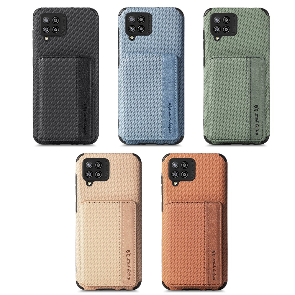 Anti-scratch Phone Case Carbon Fiber Texture Card Holder Design PU Leather and TPU Phone Cover with Kickstand for Samsung Galaxy A42 5G - Black-8