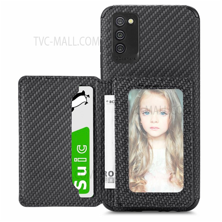Phone Case Carbon Fiber Texture Anti-Drop Card Holder Design PU Leather and TPU Cover with Kickstand for Samsung Galaxy A02s (164.2x75.9x9.1mm) / A03s (164.2 x 75.9 x 9.1mm) - Black-1
