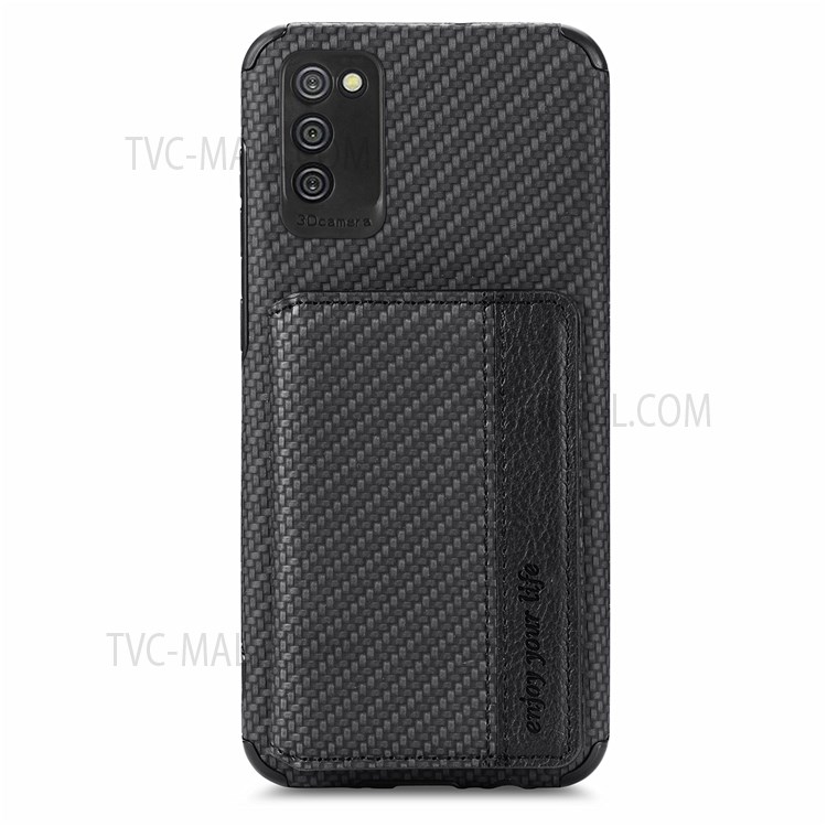 Phone Case Carbon Fiber Texture Anti-Drop Card Holder Design PU Leather and TPU Cover with Kickstand for Samsung Galaxy A02s (164.2x75.9x9.1mm) / A03s (164.2 x 75.9 x 9.1mm) - Black-2