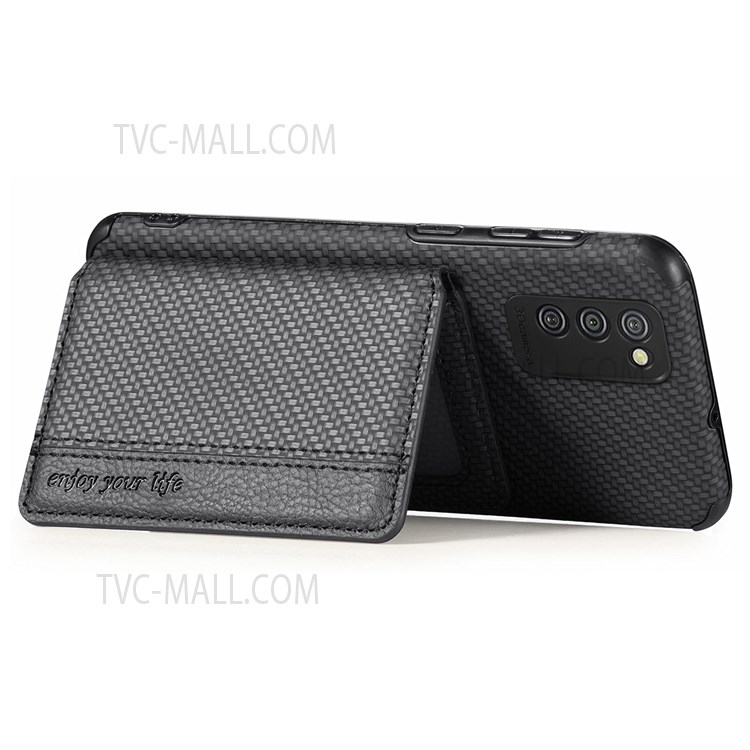 Phone Case Carbon Fiber Texture Anti-Drop Card Holder Design PU Leather and TPU Cover with Kickstand for Samsung Galaxy A02s (164.2x75.9x9.1mm) / A03s (164.2 x 75.9 x 9.1mm) - Black-4