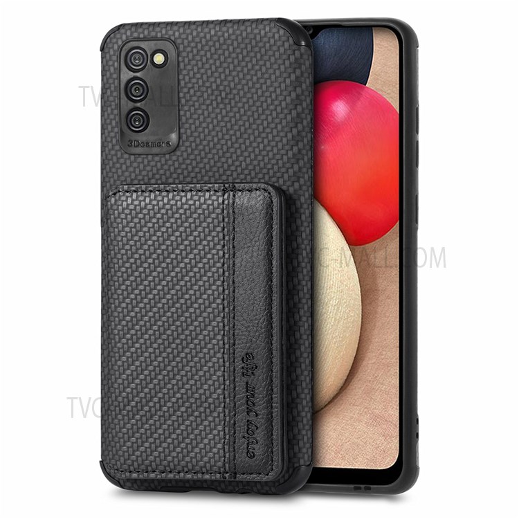 Phone Case Carbon Fiber Texture Anti-Drop Card Holder Design PU Leather and TPU Cover with Kickstand for Samsung Galaxy A02s (164.2x75.9x9.1mm) / A03s (164.2 x 75.9 x 9.1mm) - Black-6