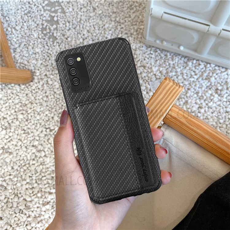 Phone Case Carbon Fiber Texture Anti-Drop Card Holder Design PU Leather and TPU Cover with Kickstand for Samsung Galaxy A02s (164.2x75.9x9.1mm) / A03s (164.2 x 75.9 x 9.1mm) - Black-7